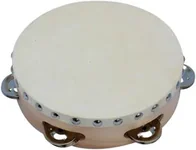 An eight inch tambourine with a pale skin head, a natural wood rim and a ring of metal jingles.