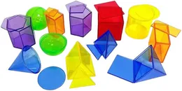 Twelve translucent coloured solids, cubes, cylinders, cones, pyramids and prisms, in purple, green, yellow, orange and blue.
