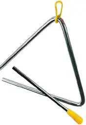 A steel triangle hanging from a yellow cord, with its steel beater lying across it.