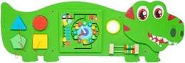 A long wall mounted plywood panel cut in the shape of a tyrannosaurus, in green with a pale belly.