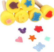 Six round yellow sponge stampers on wooden handles, each cut with a shape, and the shapes they print laid out below.