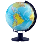 A multi coloured political world globe on a stand, countries picked out in yellow, green and orange.