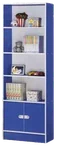 A tall blue and natural plywood bookcase with flat shelves and a two door cupboard at the base.