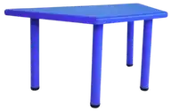 Plastic trapezoid classroom table with a blue top, blue legs and grey feet.