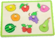Flat wooden puzzle showing fruits in cut-out shapes.