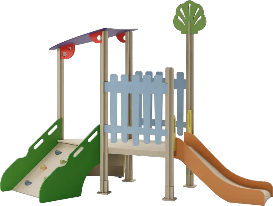 Adventure Hideout. A picket fence, a flat purple canopy, a tree and an orange slide.