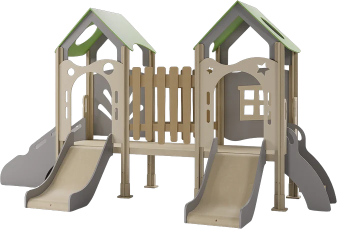 Forest Bridge. Two gabled towers joined by a railed span, with a slide at each end.
