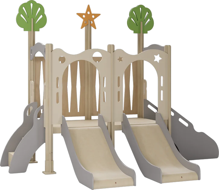 Forest Trail. Two towers with two slides and two trees, and no span between them.