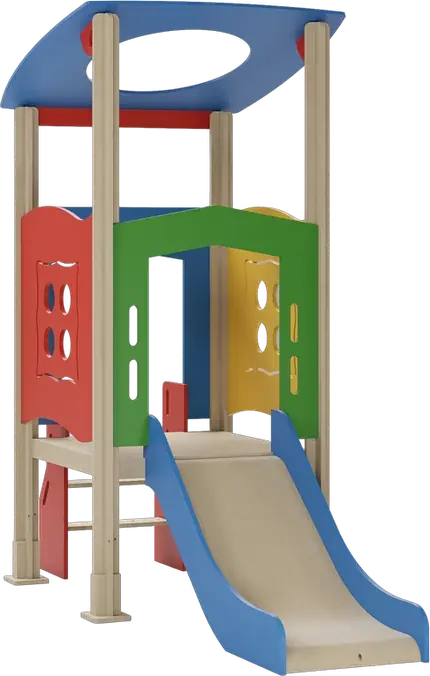 Little Hideout. A curved blue canopy over a single deck, with one blue slide.