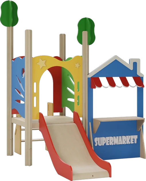 Supermarket Playhouse. A serving stall lettered SUPERMARKET under a striped awning.