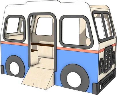 CAR. A blue and cream body with a door that folds down into a ramp.