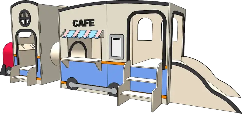 TRAIN CAFE. A locomotive and a carriage lettered CAFE, with a slide off the back.