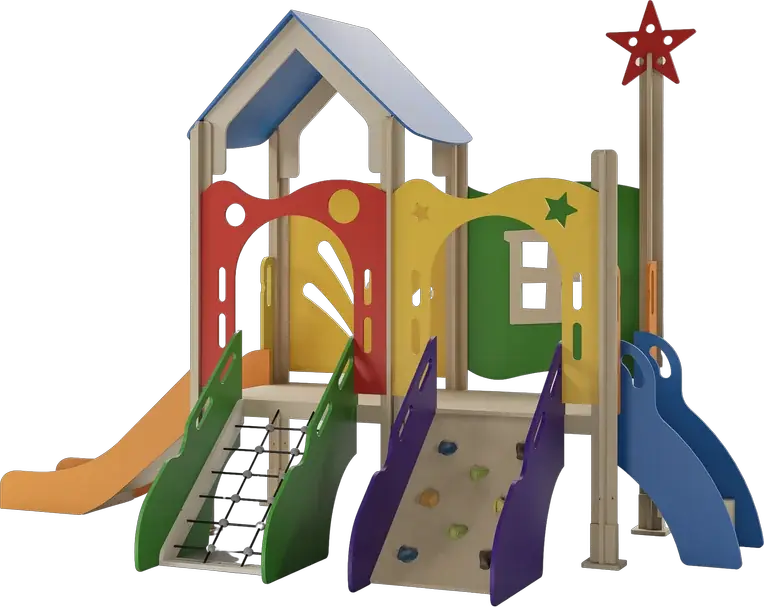 Wonder Cottage. A gable roof with a red star, a cargo net and a climbing wall.