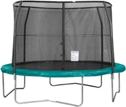 A round trampoline on a steel frame with a green padded edge and a full-height black safety net on poles.