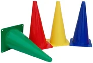 Four tall plastic marker cones in green, red, yellow and blue, one lying on its side.