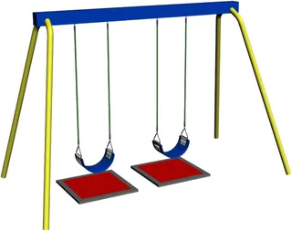 A steel swing frame in blue and yellow with two seats hanging on green chains, each over a red rubber safety mat.
