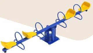 A blue steel seesaw with a spring at the centre and four yellow moulded seats with loop handles, two at each end.