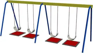 A long steel swing frame in blue and olive with four seats hanging on chains, each over a red rubber safety mat.