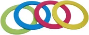 Four foam rings overlapping in a row, green, blue, pink and yellow.
