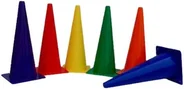 Six traffic-cone shaped markers standing in a row, purple, red, yellow, green and orange, with a blue one lying on its side.