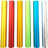 Six aluminium relay batons in yellow, red, orange, green, blue and silver.