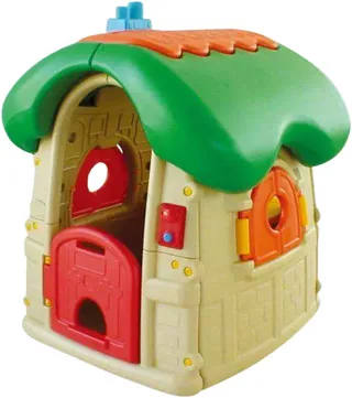 A moulded plastic playhouse with a cream body, a wavy green roof, a red door and round windows in red and orange.