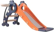 A small childrens slide with an orange chute, a grey-blue frame and moulded steps.