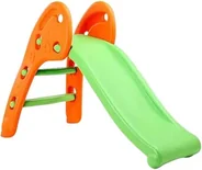 A small orange plastic slide frame with a three-rung ladder and a green sliding surface.
