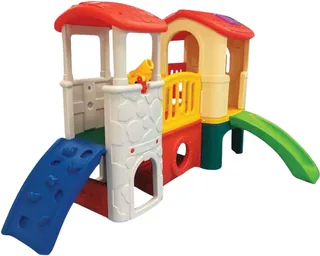 A multi-level plastic play unit with a red roof, a white climbing wall, a yellow railed deck, a green slide and a blue stepped ramp.