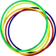 Six plastic hoops nested inside one another, in green, red, blue, yellow and orange.