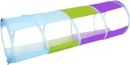 A pop-up crawl tunnel of mesh panels on hoops, in pale blue, green and purple.
