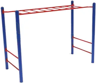 A steel monkey bar frame with blue uprights and a red horizontal ladder, a lower bar at each end.