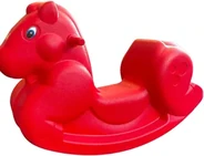 A red moulded plastic rocking horse with two seats and handles, on a curved rocker base.