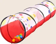 A pop-up crawl tunnel in red with a spotted pale panel, a few coloured play balls at the near opening.
