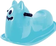 A pale blue moulded plastic rocker shaped like a smiling animal, with a black handlebar, on a curved base.