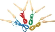 Five skipping ropes with turned wooden handles, the cords in red, green, blue and yellow.