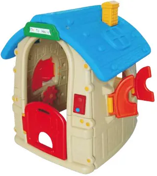 A moulded plastic playhouse with a cream body, a bright blue roof with a yellow chimney, a red half-door and red shutters that swing out.