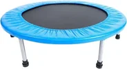 A small round trampoline with a blue padded edge, a black mat and steel legs.