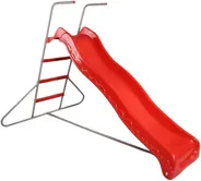 A red plastic slide with a wave in its run, on a grey steel frame with a four-rung ladder and two grab rails.