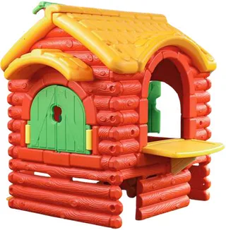 A plastic cottage moulded to look like red log walls, with a yellow shingled roof, a green stable door and a yellow fold-down serving shelf.