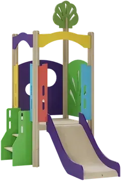 Woodland Climber, a plywood frame with green and purple panels, a tree cut-out and a purple slide.