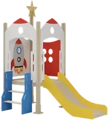 Rocket Explorer, a plywood rocket play frame with a red and white body, blue ladder and yellow slide.