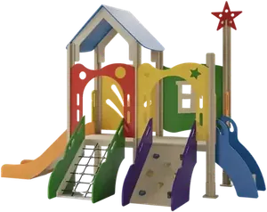 Wonder Cottage, a play frame with red, green and yellow panels, a climbing wall, a bridge and two slides.