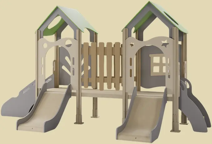 Forest Bridge, two plywood gabled towers joined by a railed bridge with a slide at each end.