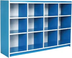A blue and white unit of twelve open compartments, four across and three down, on a pale blue frame.