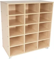 A birch unit on castors divided into fifteen open pigeon holes, three across and five down.