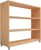 An open birch shelf unit on castors with three long shelves and no back panel, seen from a low angle.