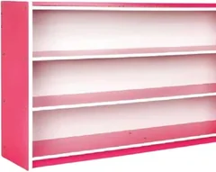 A long low shelf unit with bright pink end panels and three white-faced shelves.