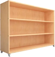 A wider open birch shelf unit on castors with three long shelves and no back panel.