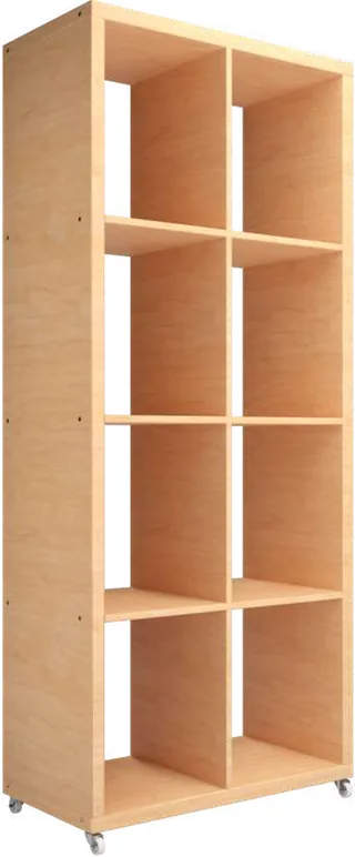 A tall narrow birch unit on castors divided into eight open cubes in two columns, the shelves offset so the columns do not line up.